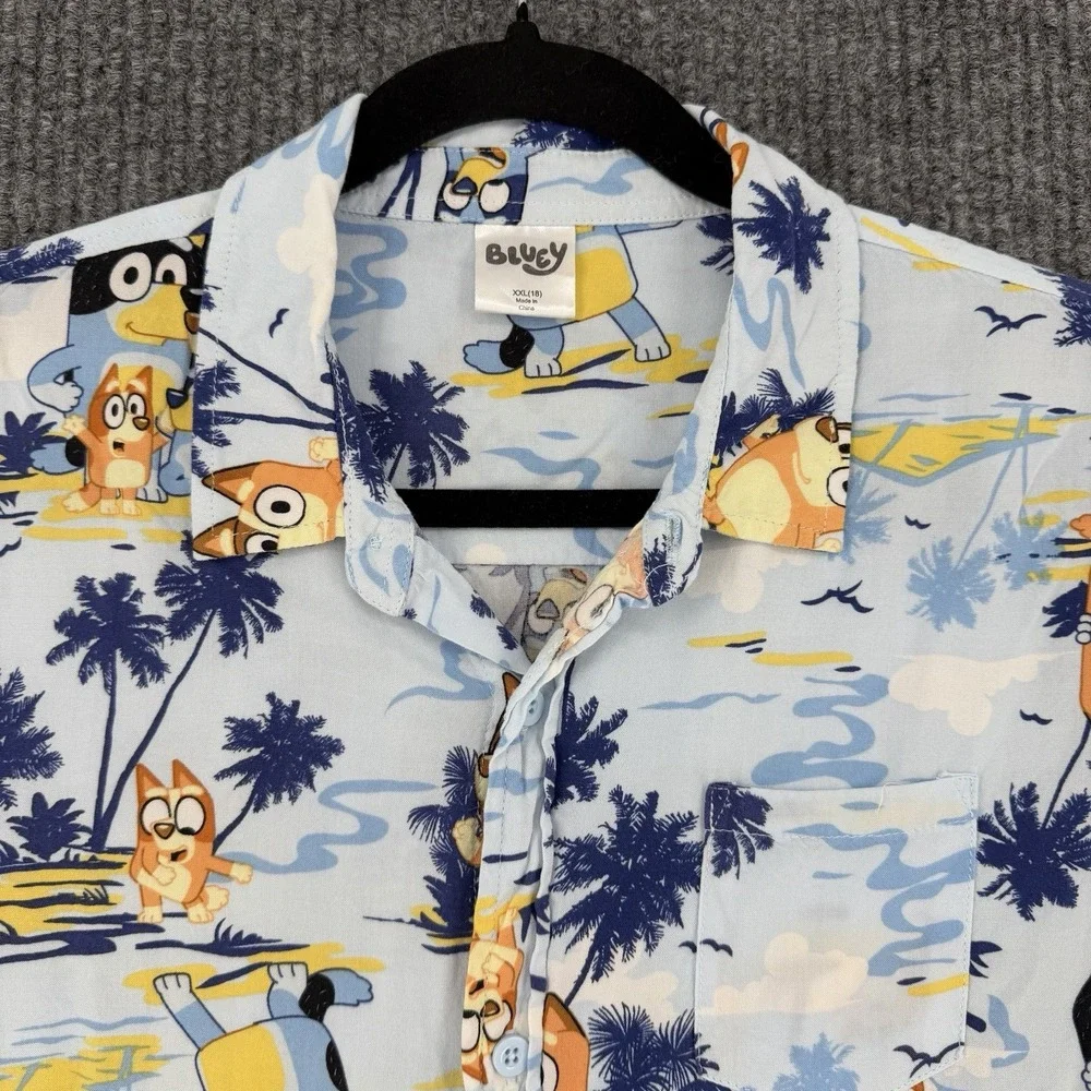 Bluey boys XXL short sleeve button up hawaiian shirt rayon cartoon tiki vacation